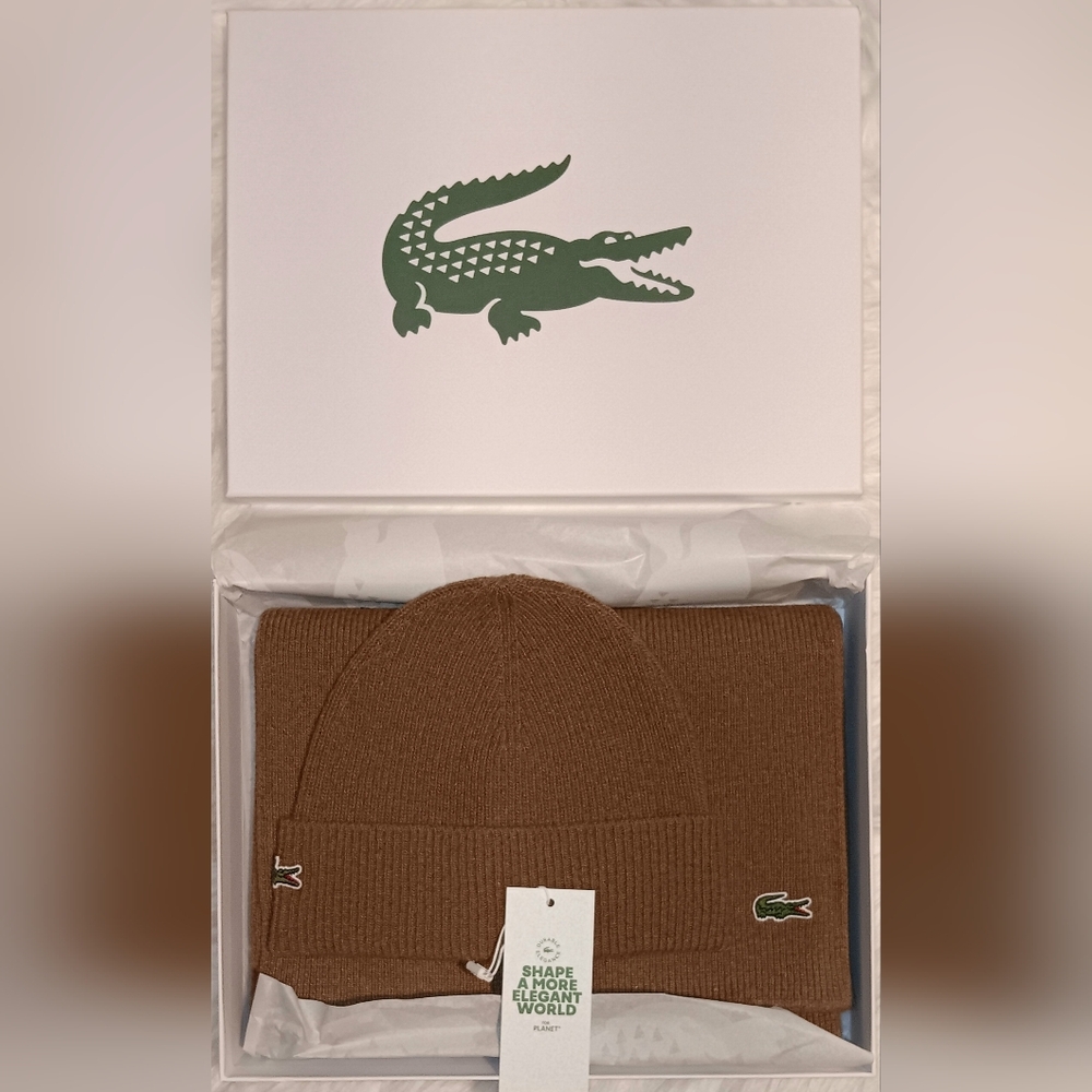 Lacoste Unisex Brown Wool Beanie and Scarf Gift Set - One Size-NWT $120